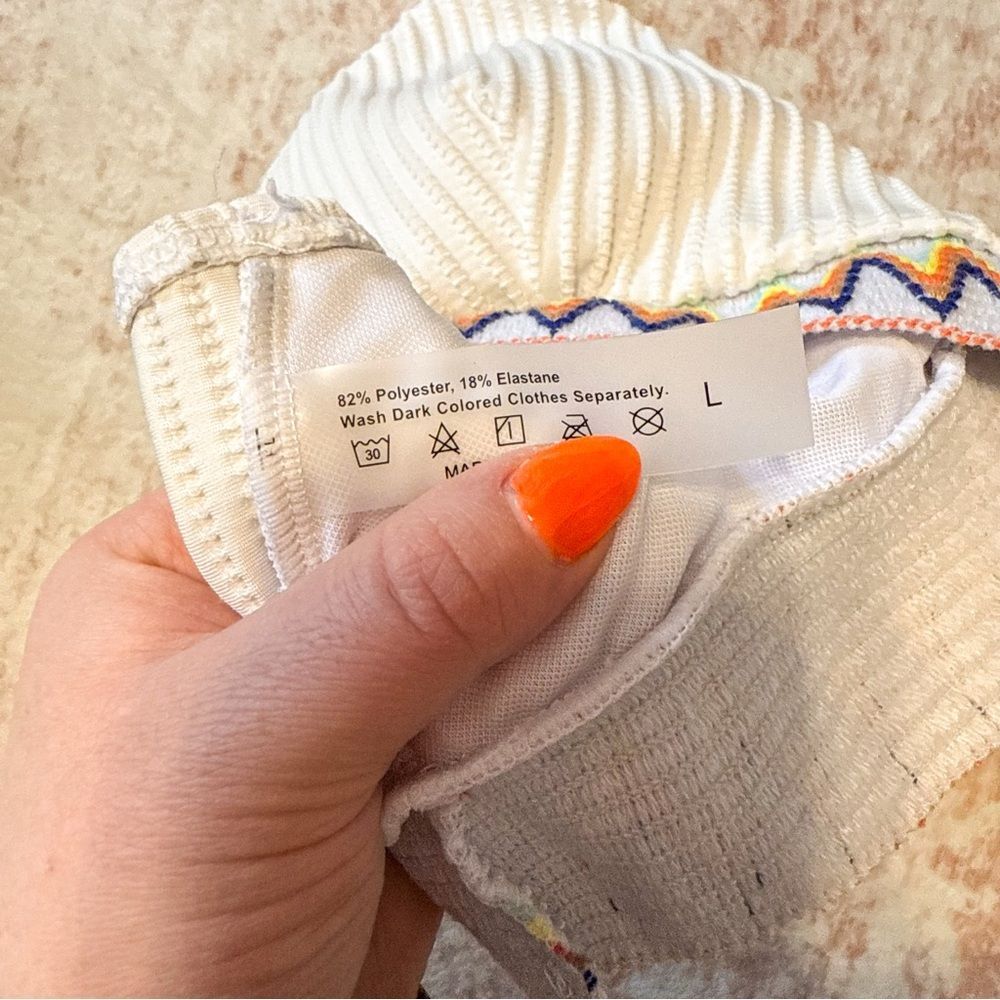 Textured Ribbed Bikini Set White Colorful Zigzag Trim High Waisted Size L - Picture 4 of 8
